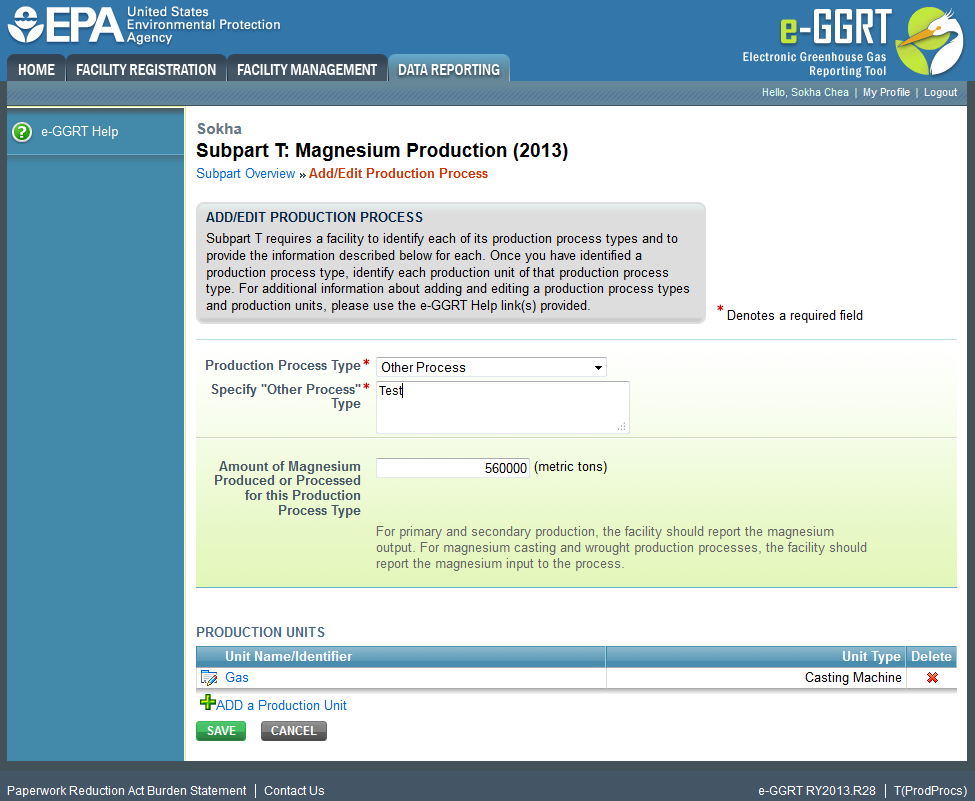 Subpart T: Step 2 - Enter unit information description